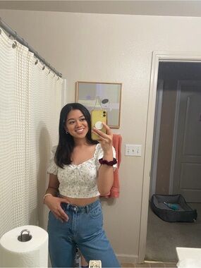 Floral Puff-Sleeve Crop Top - White